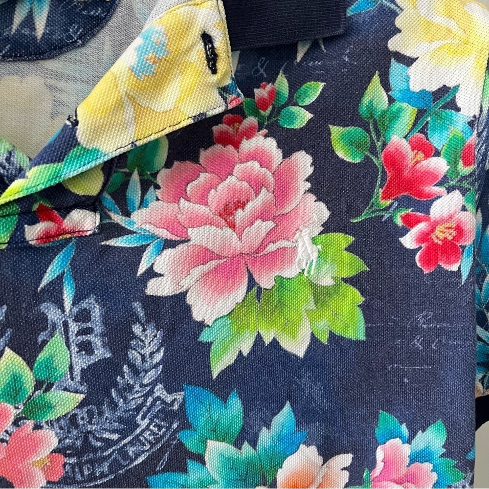 POLO RALPH LAUREN sz M Classic Fit Navy Blue Mesh Polo Shirt Floral Print - Picture 5 of 11